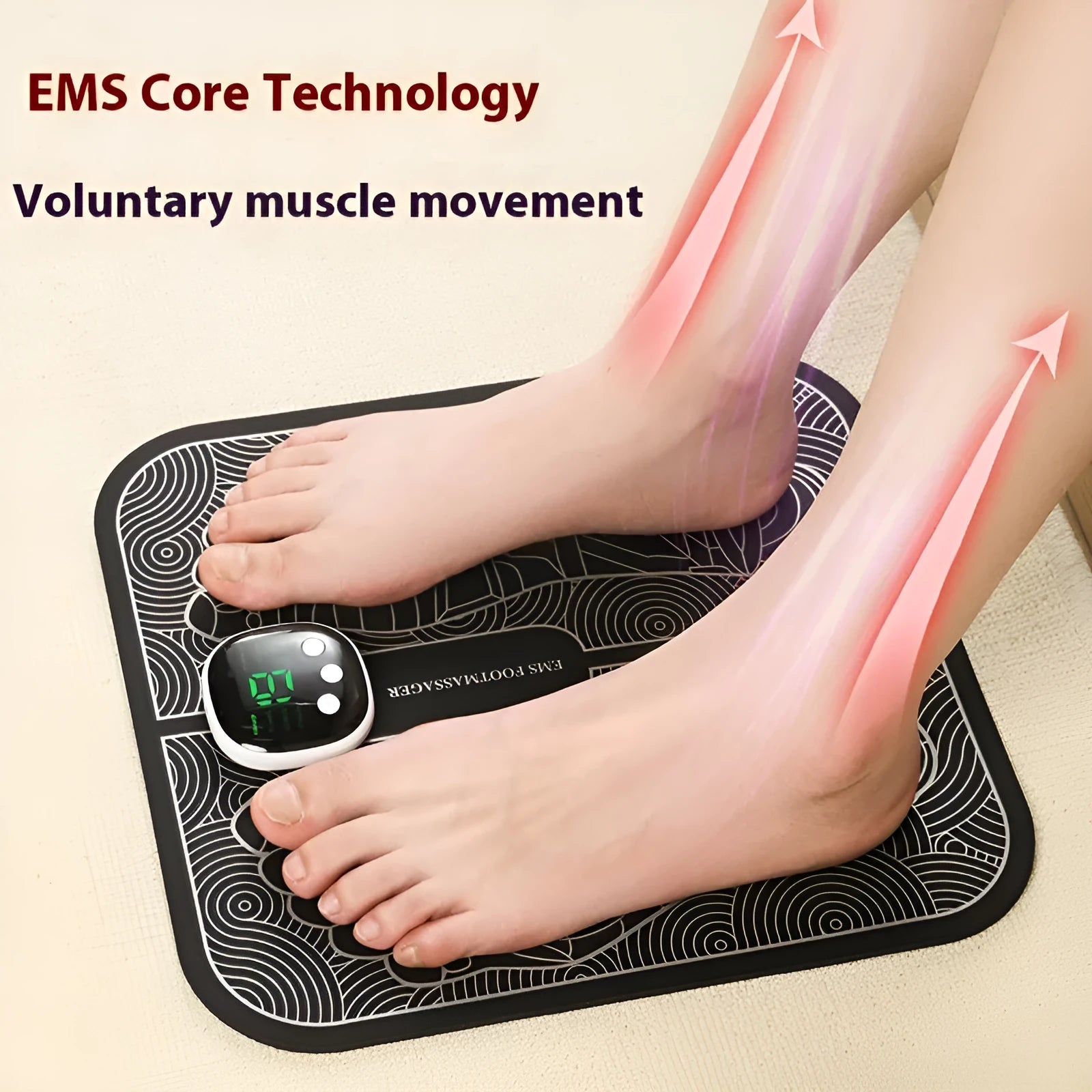 USB rechargeable reflexology foot massager mat with push-button controls and orange or blue foot pad options