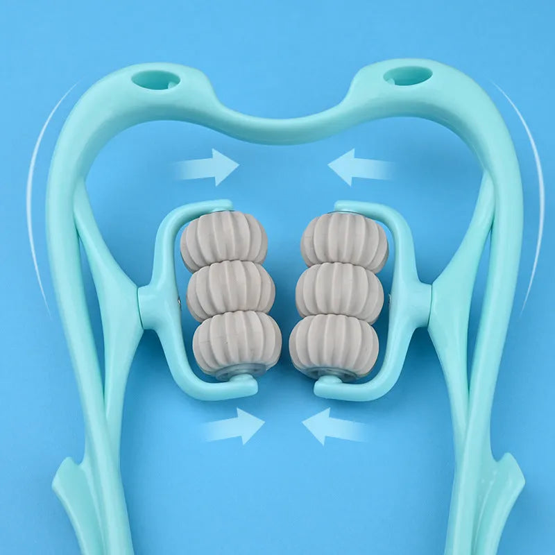 Pink and blue swan-shaped manual neck massager with six wheels and a white crystal jade scraping board.