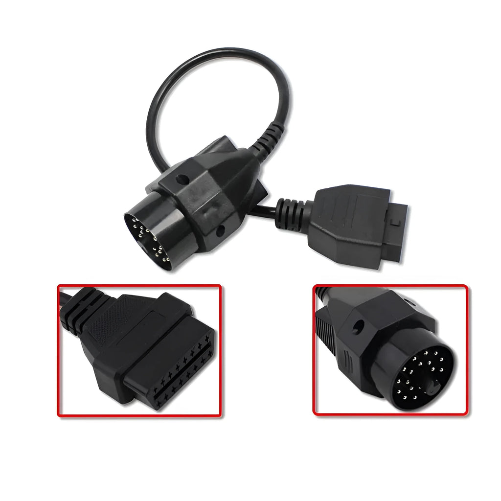 BMW diagnostic adapter cable showing 20-pin plug and standard 16-pin OBD2 socket.
