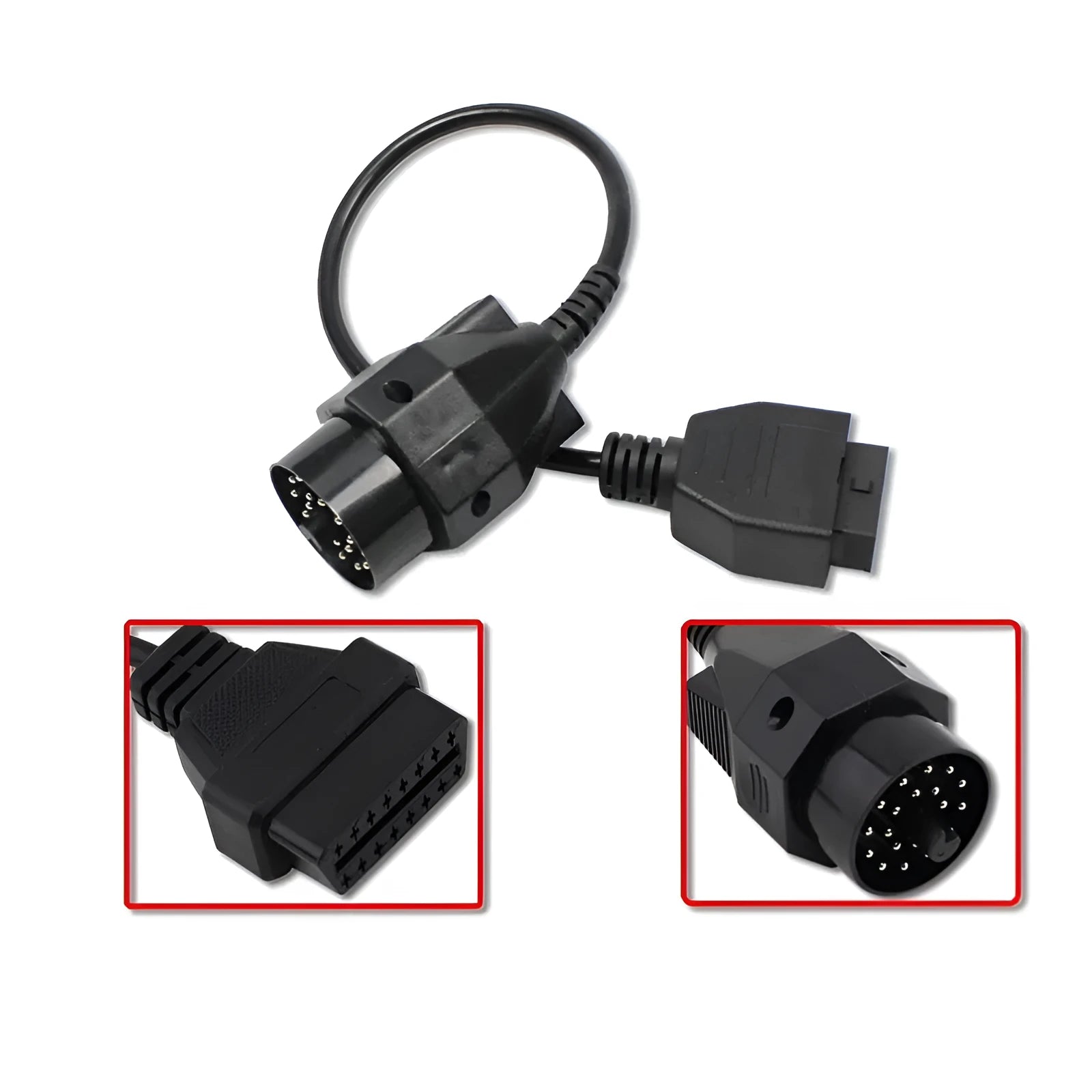 BMW diagnostic adapter cable showing 20-pin plug and standard 16-pin OBD2 socket.