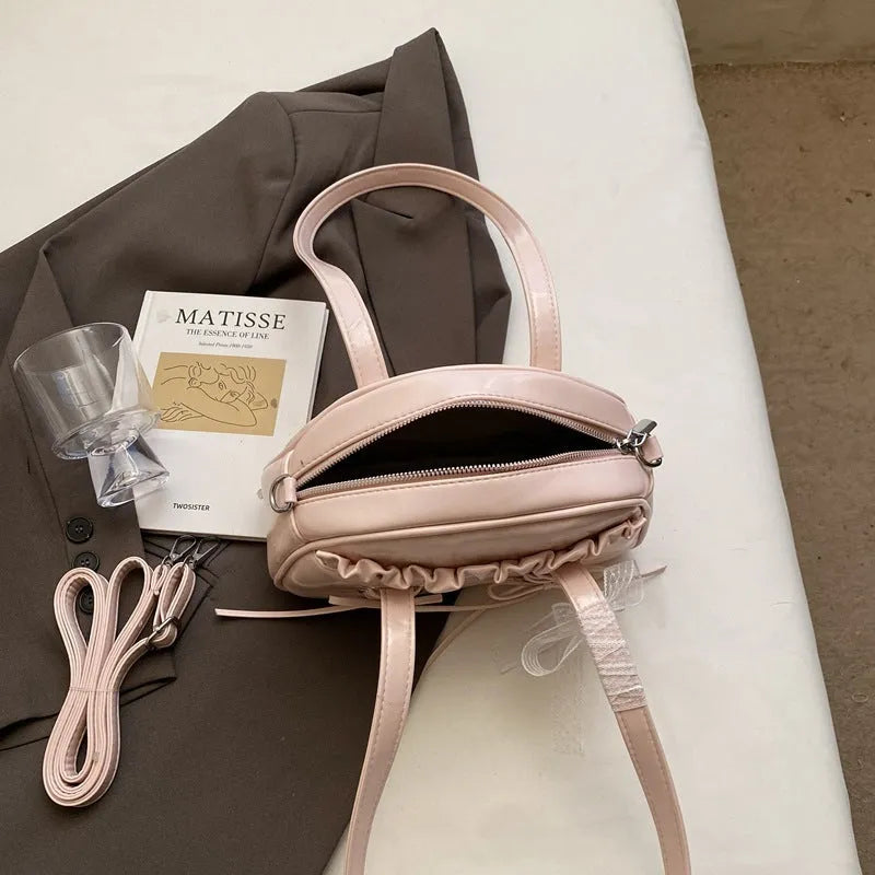 Women's bandage bow PU leather shoulder handbag with mobile phone pocket in milky white