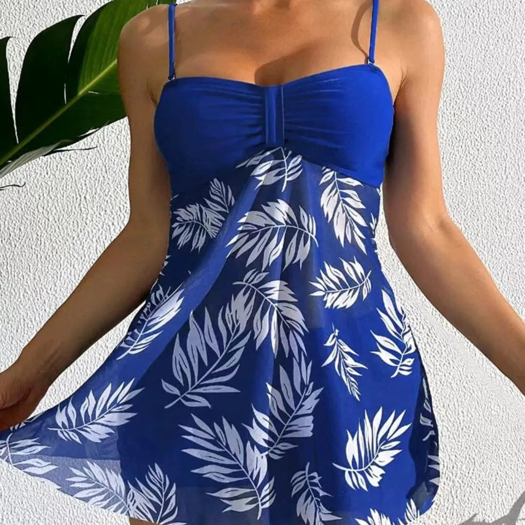 Women's high waist mesh swimsuit split boxers in black, blue, or peacock green colours on a size chart.