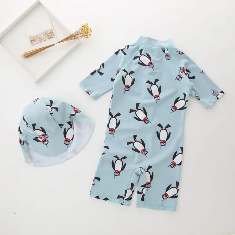 Boys' penguin print long sleeve swimsuit set with matching swimming cap for sun protection