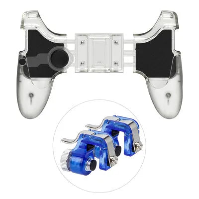 Black and brown-black mobile phone plug-in gamepad handle controller for gaming.