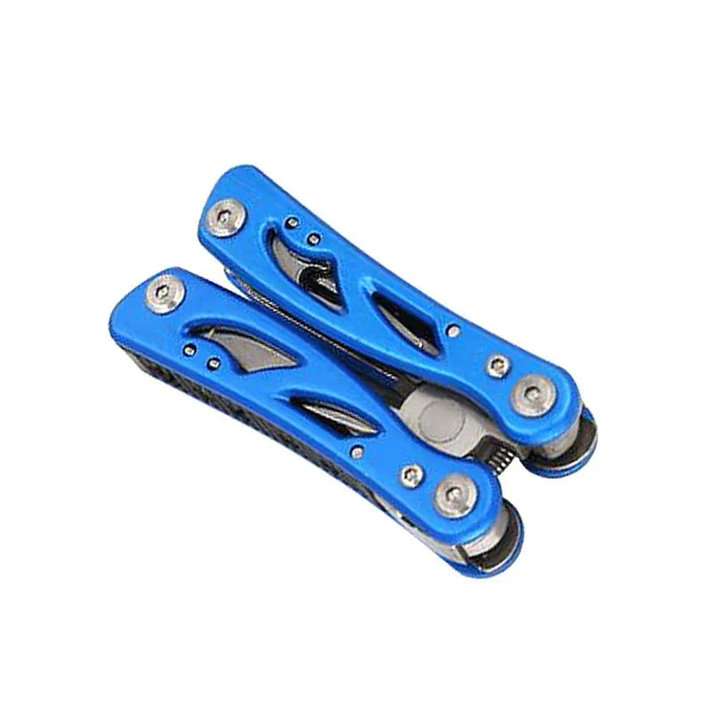 Blue multi-function outdoor pliers knife shown folded and with its included Oxford storage bag.