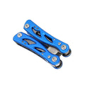 Blue multi-function outdoor pliers knife shown folded and with its included Oxford storage bag.