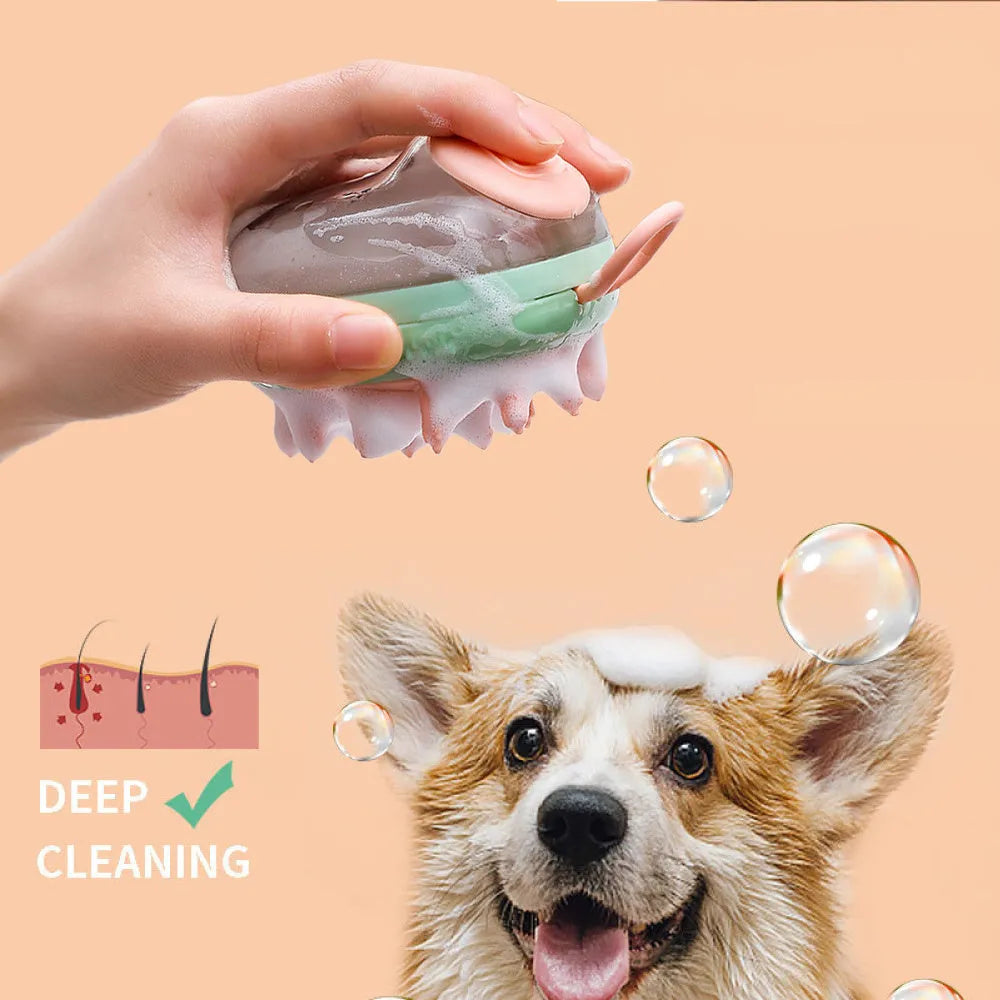 Blue and green pet grooming brush with shampoo dispenser for dogs and cats.