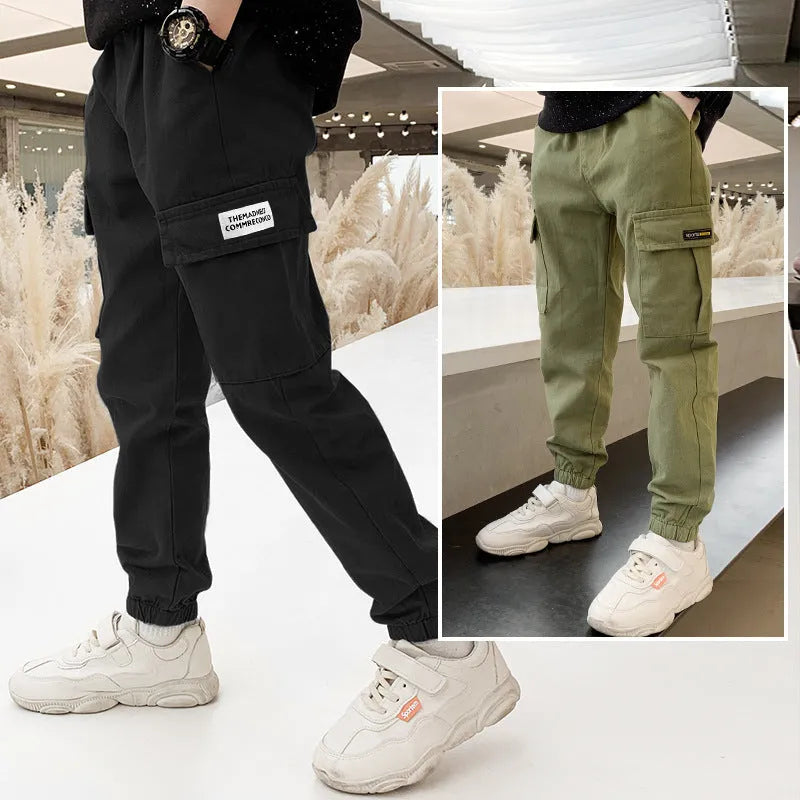 Boys' casual cotton summer trousers in khaki, shown in size for child over 140cm.