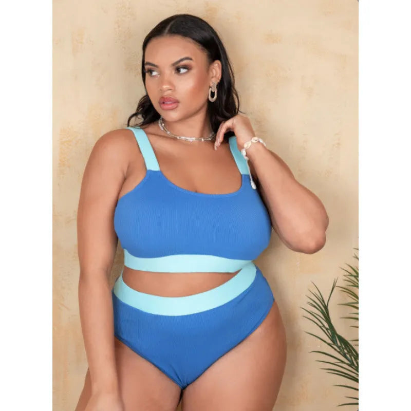 Women's polyester high waist bikini set with split leg design in pure colour with visible stitching
