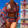 Women's three-piece swimsuit set featuring a high-waist brief, a cutout blouse, and a coat, shown in picture colour.