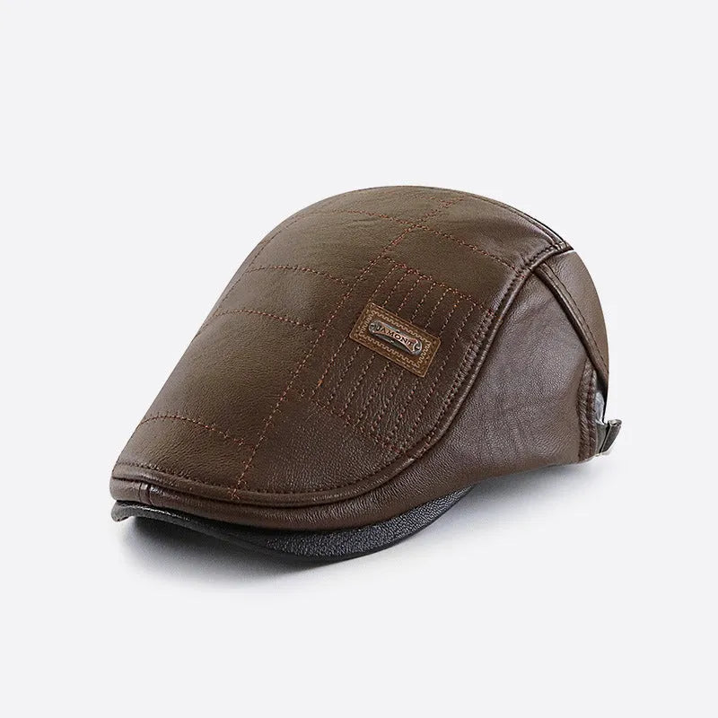Fashionable all-match PU leather peaked cap with fleece lining in black, dark coffee, and light brown