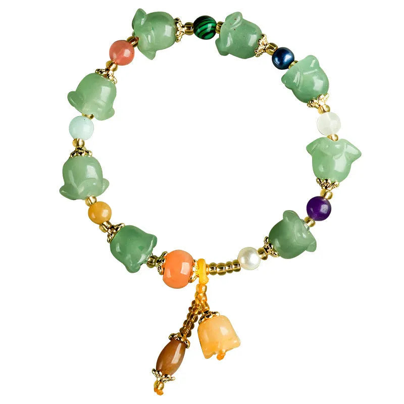 Carved natural Xinjiang Jinsi Jade bracelet with orchid beads in aventurine orchid colour, for wrists 14-18cm.