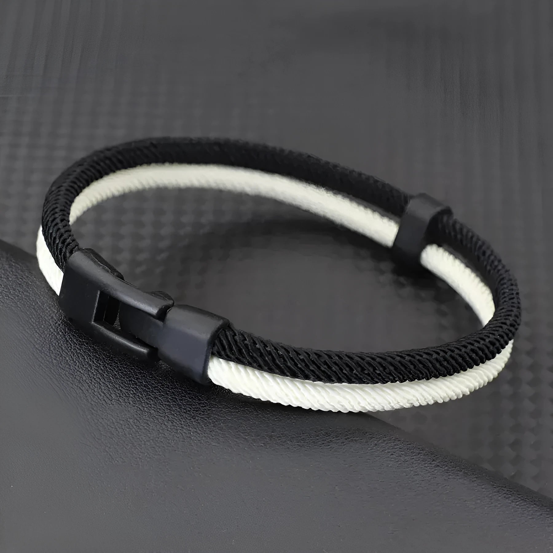 Black and white handmade woven Milan rope hand strap with alloy fittings in 19cm, 21cm, or 23cm sizes
