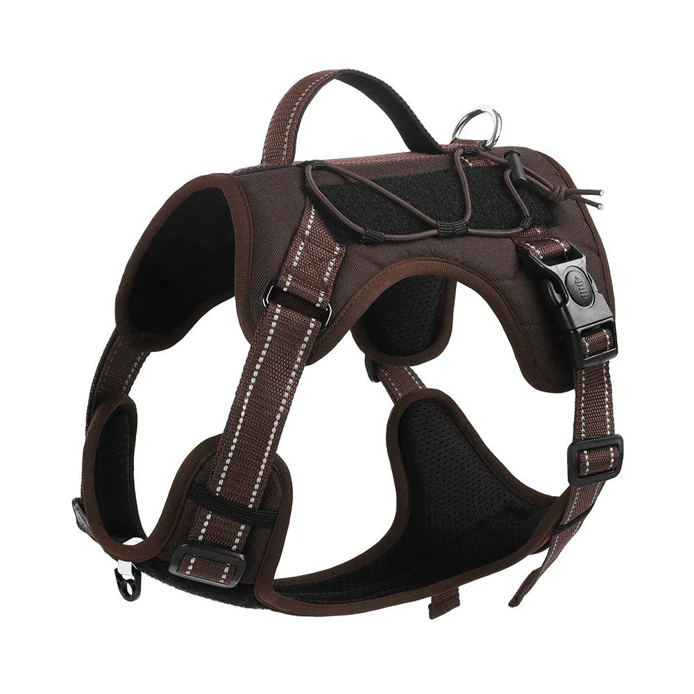 Orange reflective dog harness with an attached black hand-holding rope, shown on a medium-sized dog.