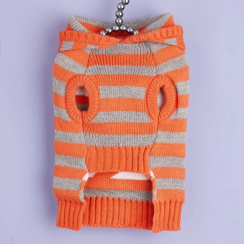 Orange striped knitted pet Halloween sweater with a hood and fur ball decoration for dogs and cats.