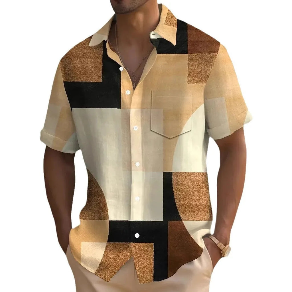 Man wearing a loose-fit short sleeve cardigan with a striped retro geometric pattern in contrasting colours.