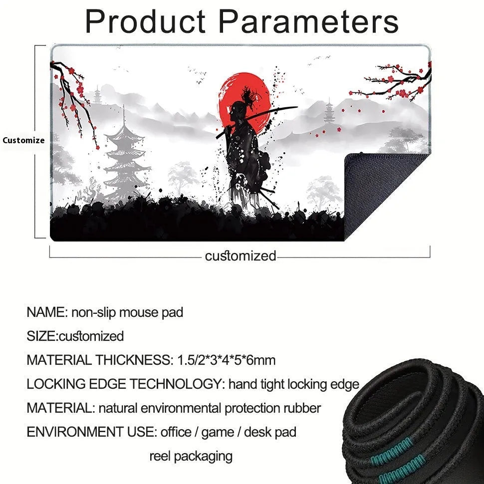 Japanese Samurai design gaming mouse pad with non-slip cloth base on desk