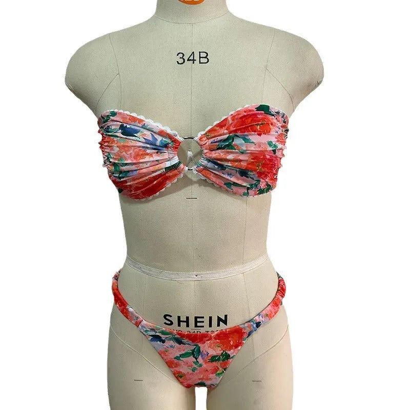 Floral printed tube top bikini set with lace trim in blue, pink, yellow colours