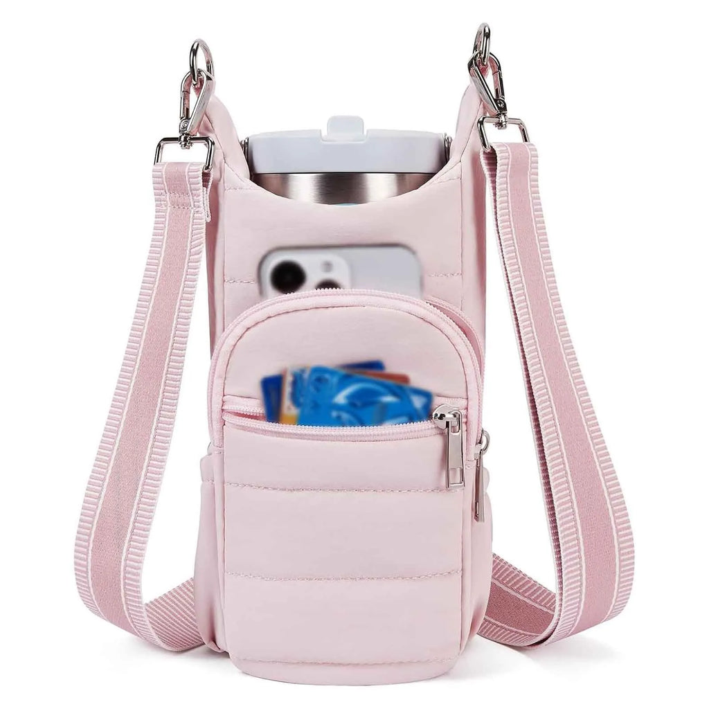 Cloth bicycle water bottle bag in beige, black, or pink colour on a bike frame.