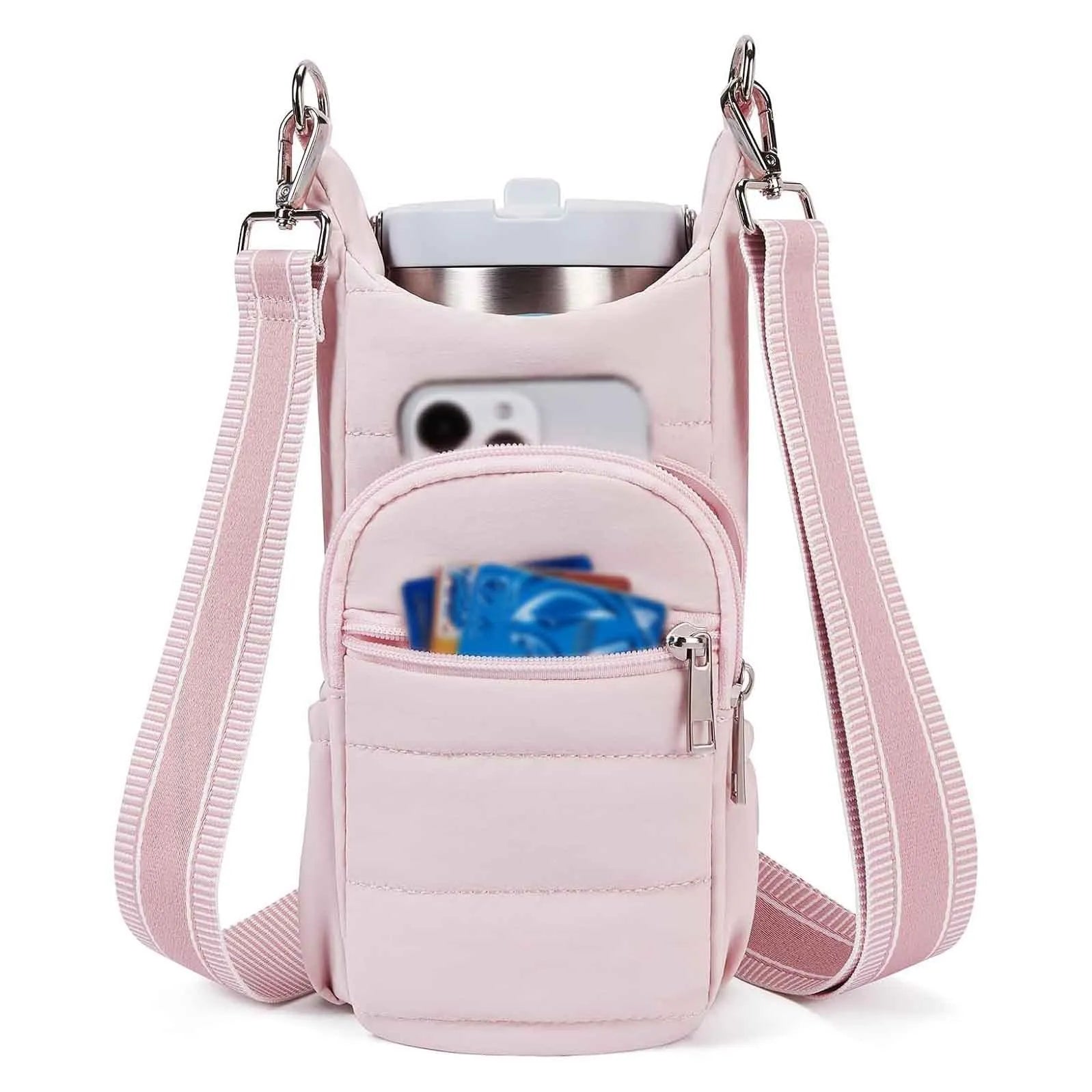 Cloth bicycle water bottle bag in beige, black, or pink colour on a bike frame.
