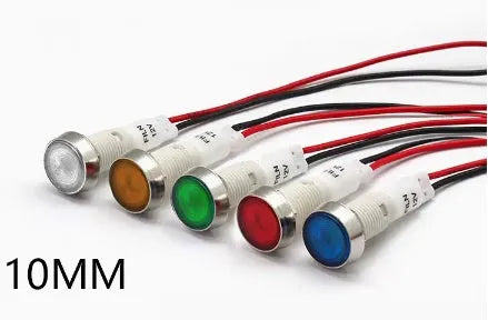 10mm plastic indicator light with stainless steel edge bezel and wire connector in one of five colours.