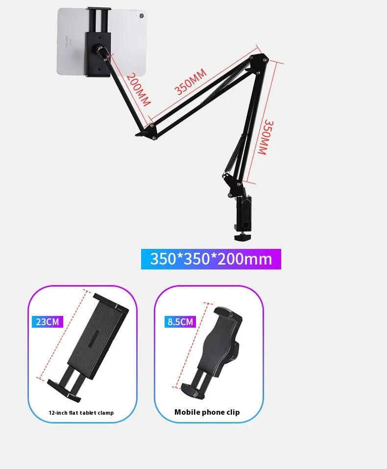 Black foldable metal desktop cantilever bracket holding a tablet, showing multi-angle adjustment.
