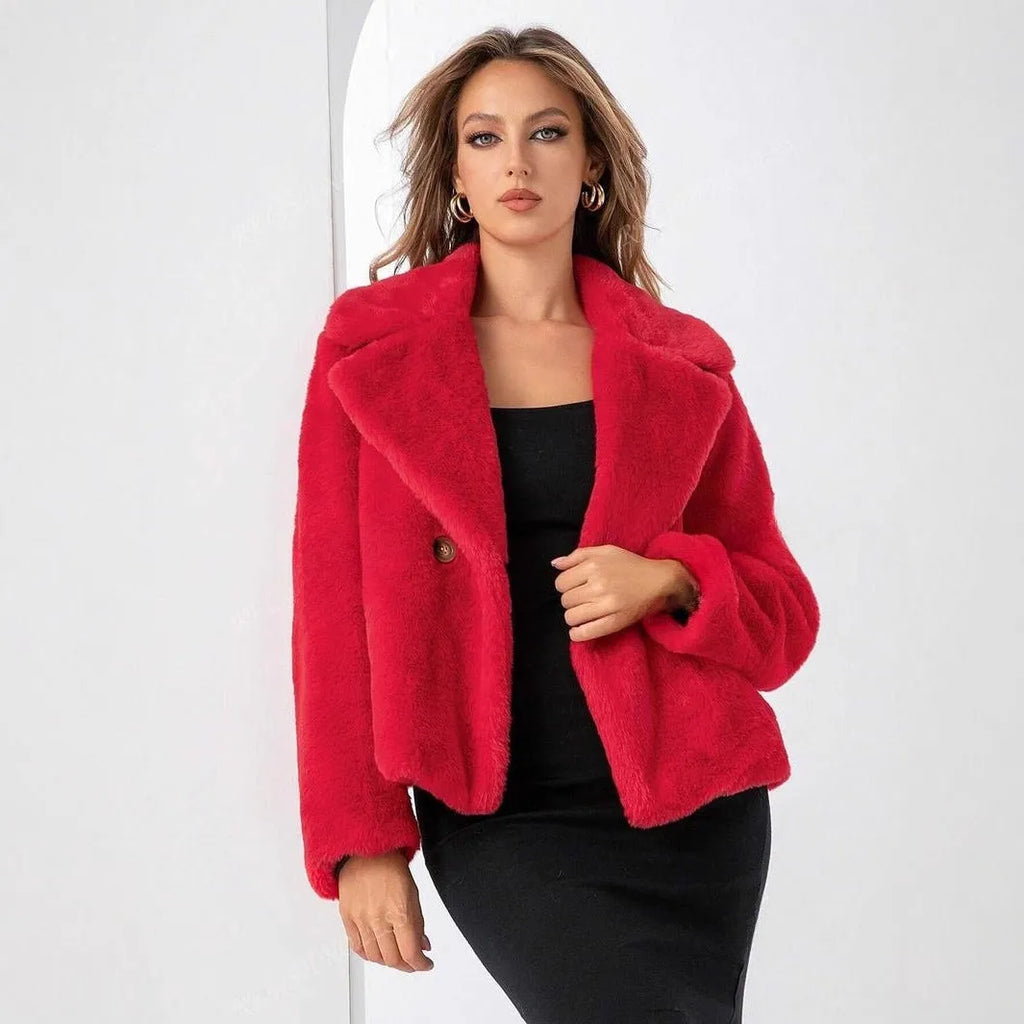 Women's loose short faux fur coat in rose red on a hanger, showing regular sleeves and textured fabric.